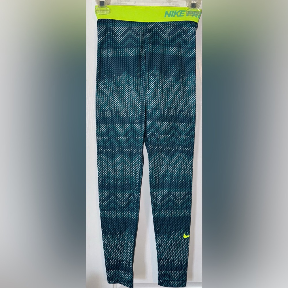 Nike Pro Leggings Blue Teal Neon Green Waistband Size XS - Picture 2 of 12